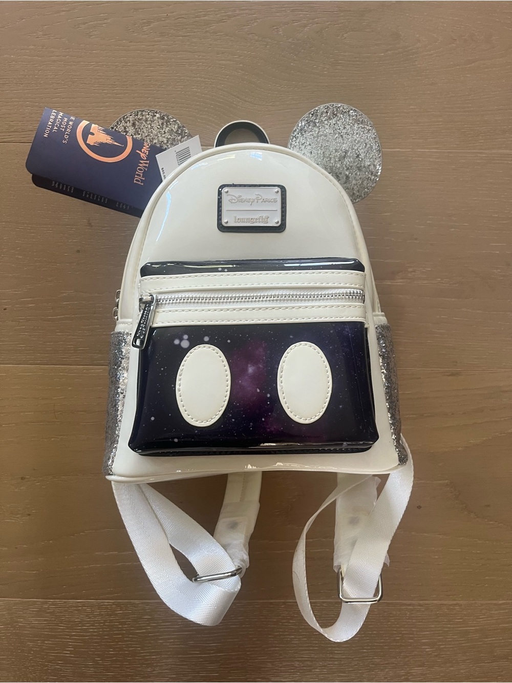 Loungefly White and Silver Mickey Ear Mini Backpack with Galaxy Pocket - Picture 3 of 14